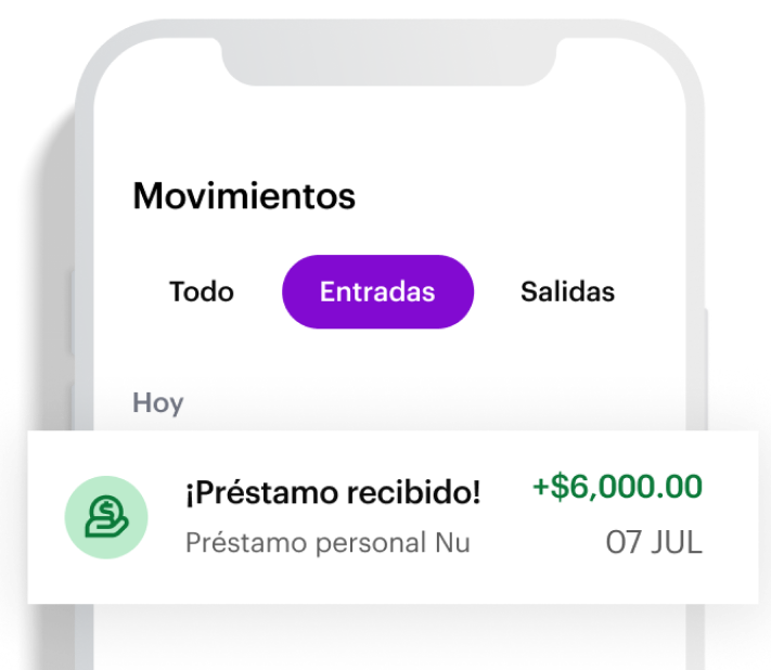 Imagen de un smartphone con la app Nu abierta en la sección de movimientos donde se muestra el depósito del préstamo