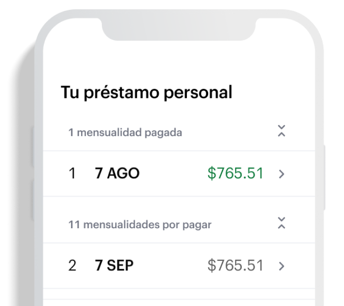 Imagen de un smartphone con la app Nu abierta en la sección de las mensualidad del préstamo