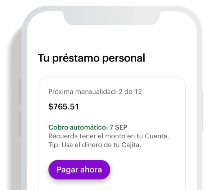 Imagen de un smartphone con la app Nu abierta en la sección para pagar la mensualidad del préstamo