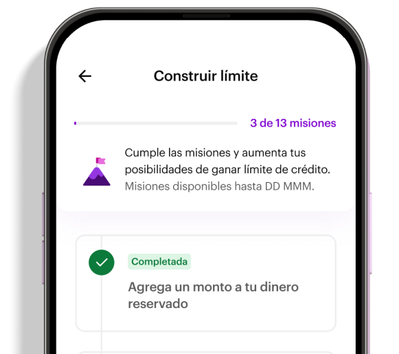 Imagen de un smartphone con la app Nu abierta en la sección de misiones para construir limite