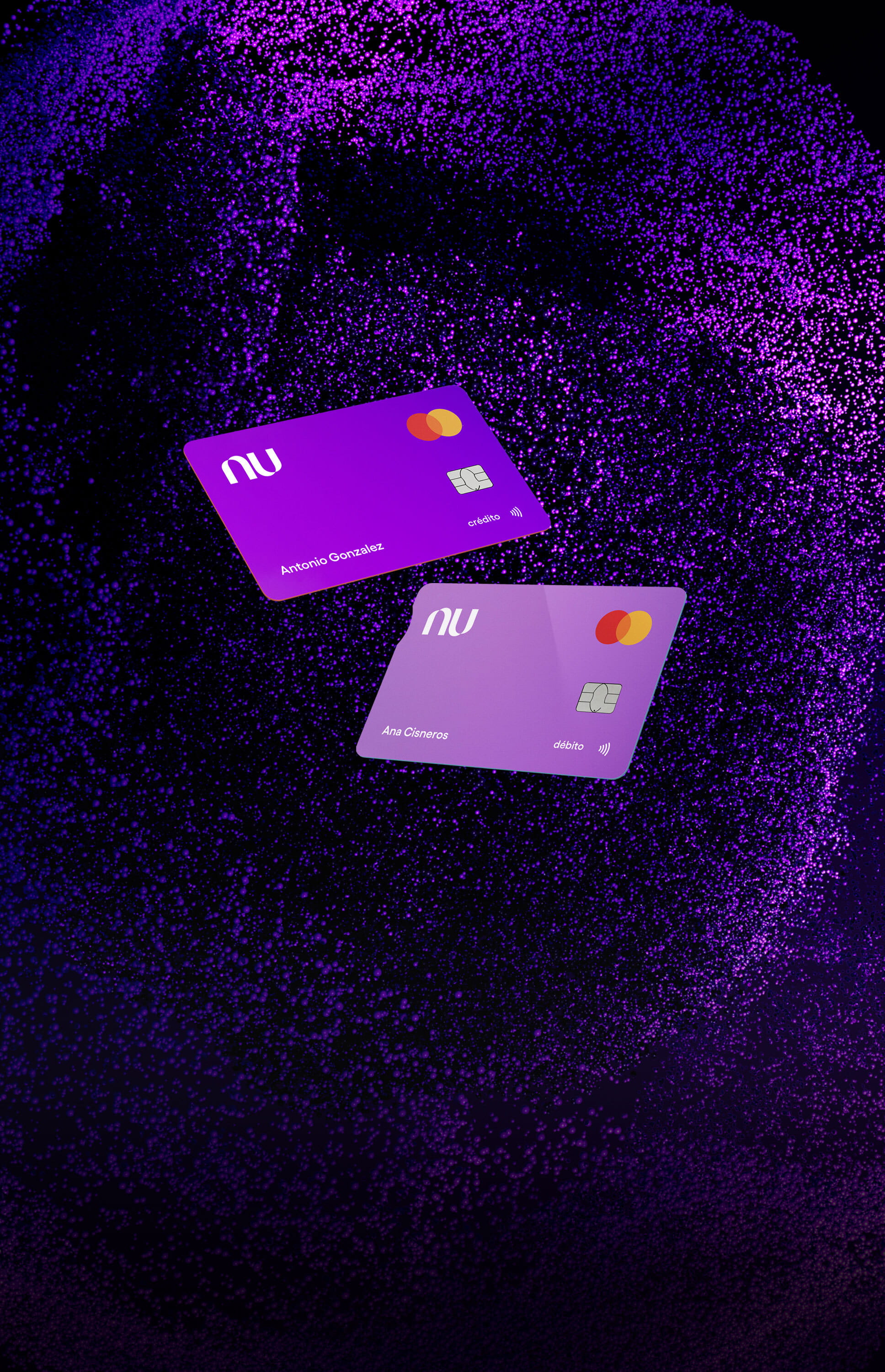 Imagen de dos tarjetas moradas flotando con un fondo violeta