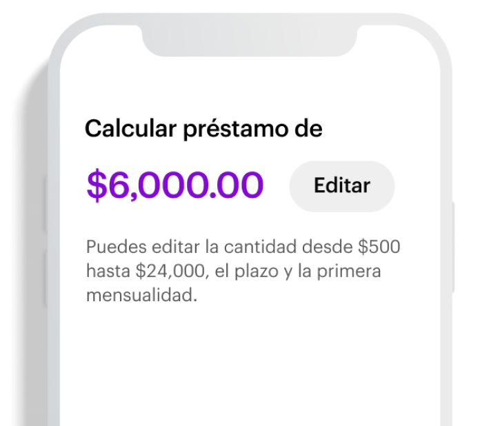 Imagen de un smartphone con la app Nu abierta en la sección de calcular tu préstamo